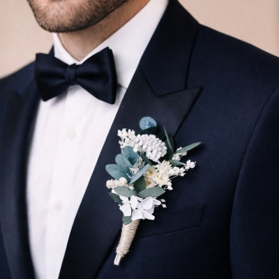Homem com smoking azul escuro e flor de lapela branca e verde