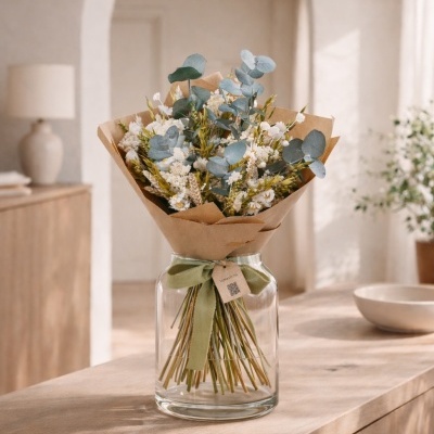 Arranjo de flores secas num vaso de vidro transparente sobre mesa de madeira clara