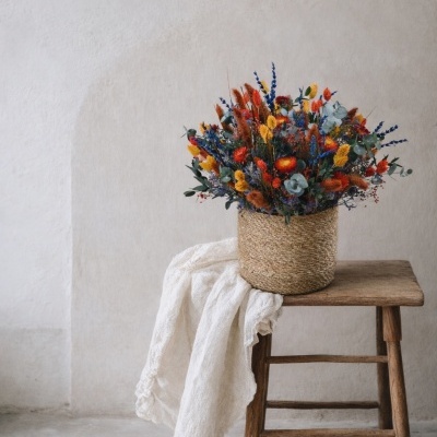 Arranjo colorido de flores secas em vaso de palha sobre banco de madeira com tecido branco
