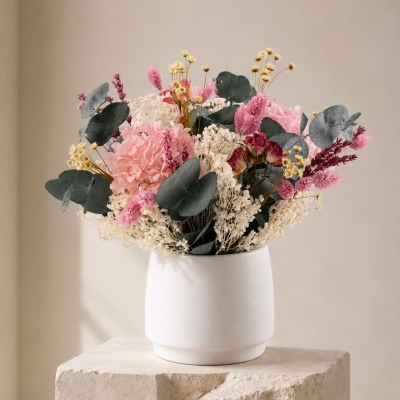 Vaso branco com arranjo de flores secas em tons rosas, amarelas e verdes sobre bloco de pedra clara