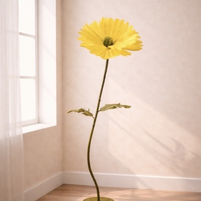 Abajur alta forma de flor amarela com haste e base verde