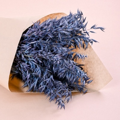 Ramo de flores secas azuis embalado em papel kraft