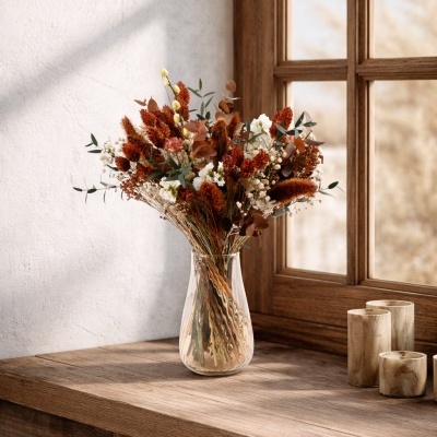 Vaso de vidro com flores secas em prateleira de madeira junto a janela