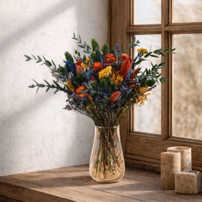 Vaso de vidro com arranjo de flores secas coloridas numa mesa de madeira junto a uma janela de madeira e velas decorativas.