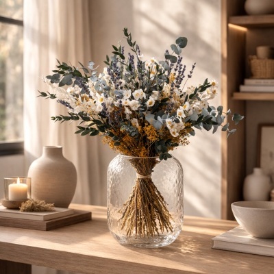 Arranjo floral em vaso de vidro sobre mesa com decoração minimalista