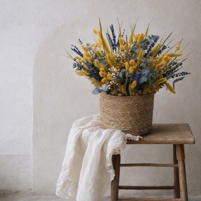 Vaso de flores secas amarelas, azuis e brancas em vaso de palha castanho sobre banco de madeira com tecido branco