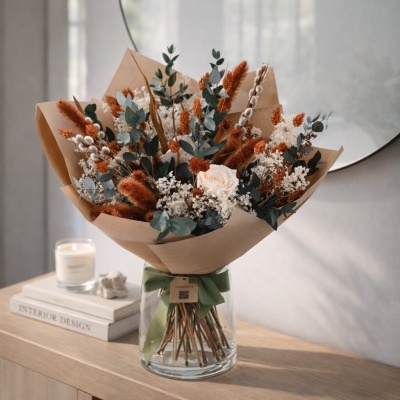Bouquet de flores secas em vaso de vidro com papel castanho e fita verde, sobre mesa de madeira com vela e livros