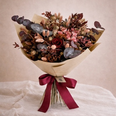 Bouquet de flores secas em papel kraft com fita cor de vinho