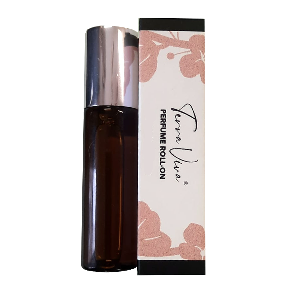 Perfume Roll-On Frasco de perfume roll-on castanho com caixa branca decorada