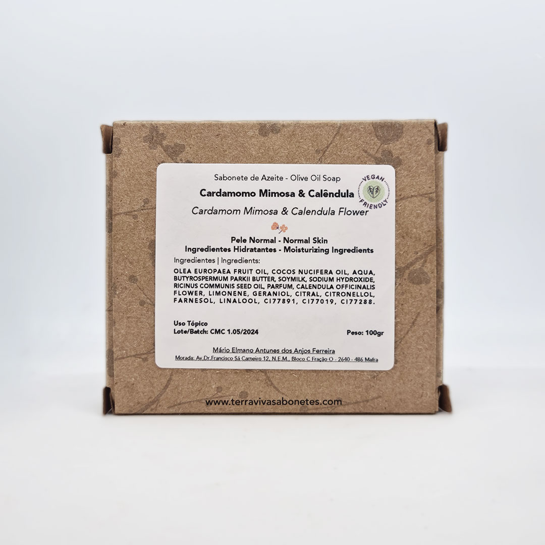 Sabonete de Cardamomo e Mimosa Caixa de sabonete de azeite cardamomo mimosa e calêndula com etiqueta branca
