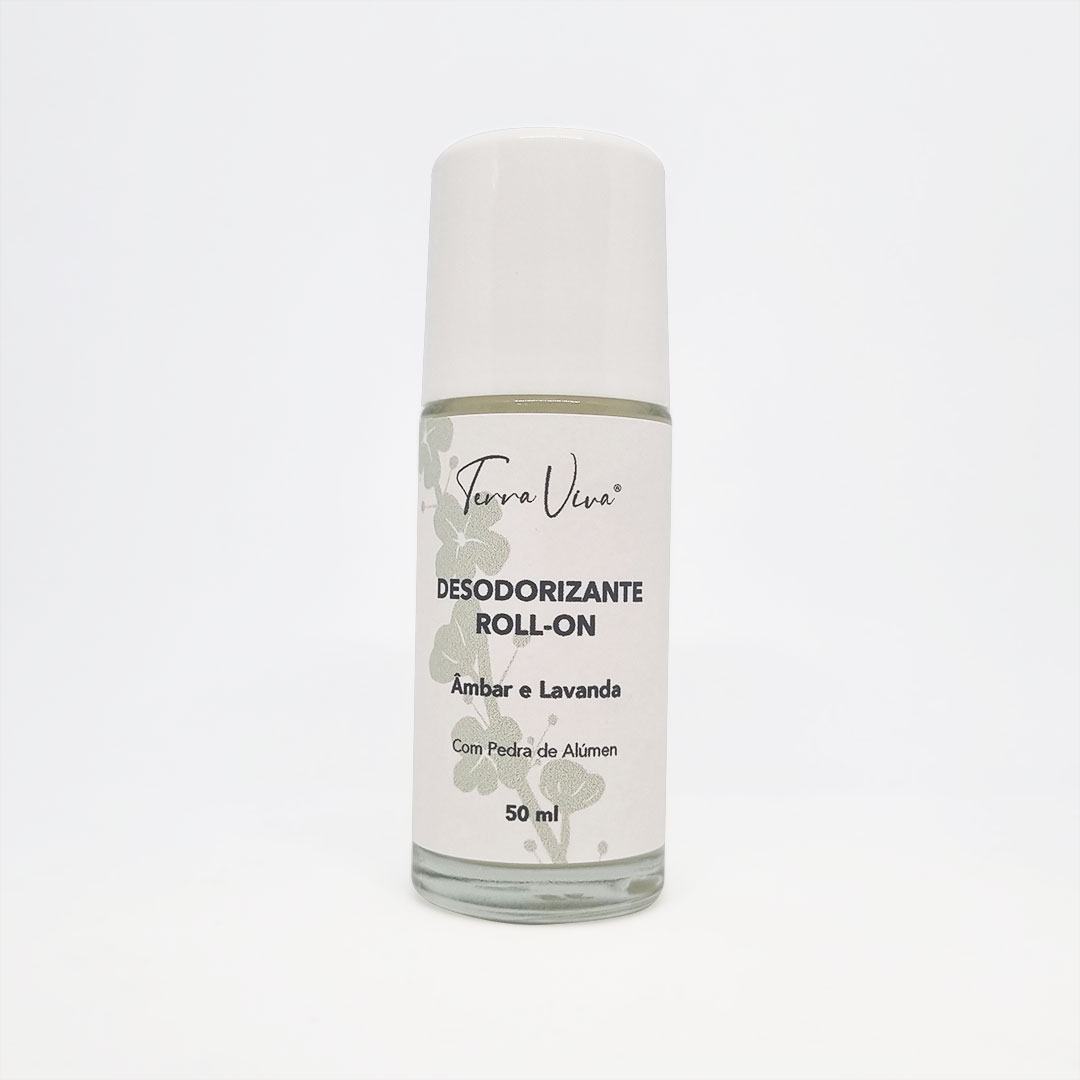 Desodorizante Roll-On Desodorizante roll-on Terra Livre vidro com tampa branca e etiqueta branca com texto preto