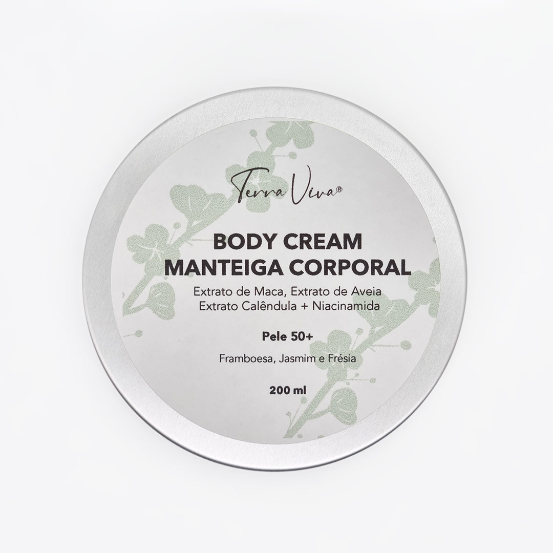 Body Cream Pele 50+ - 200ml Frasco redondo prateado de creme corporal Terra Viva com etiqueta branca e texto em português.