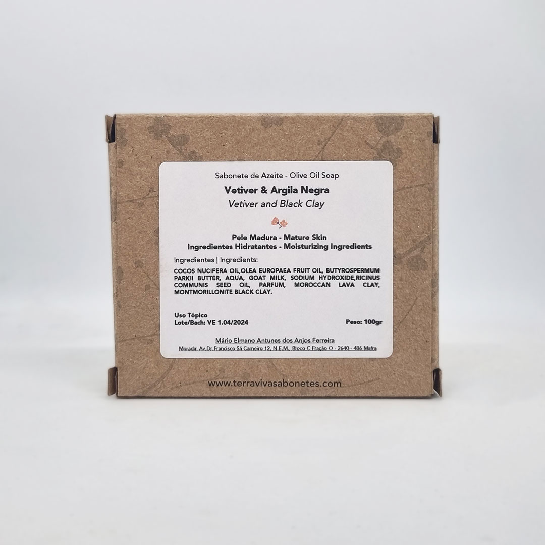 Sabonete de Vetiver e Argila Negra Embalagem de sabonete vetiver e argila negra com rótulo informativo