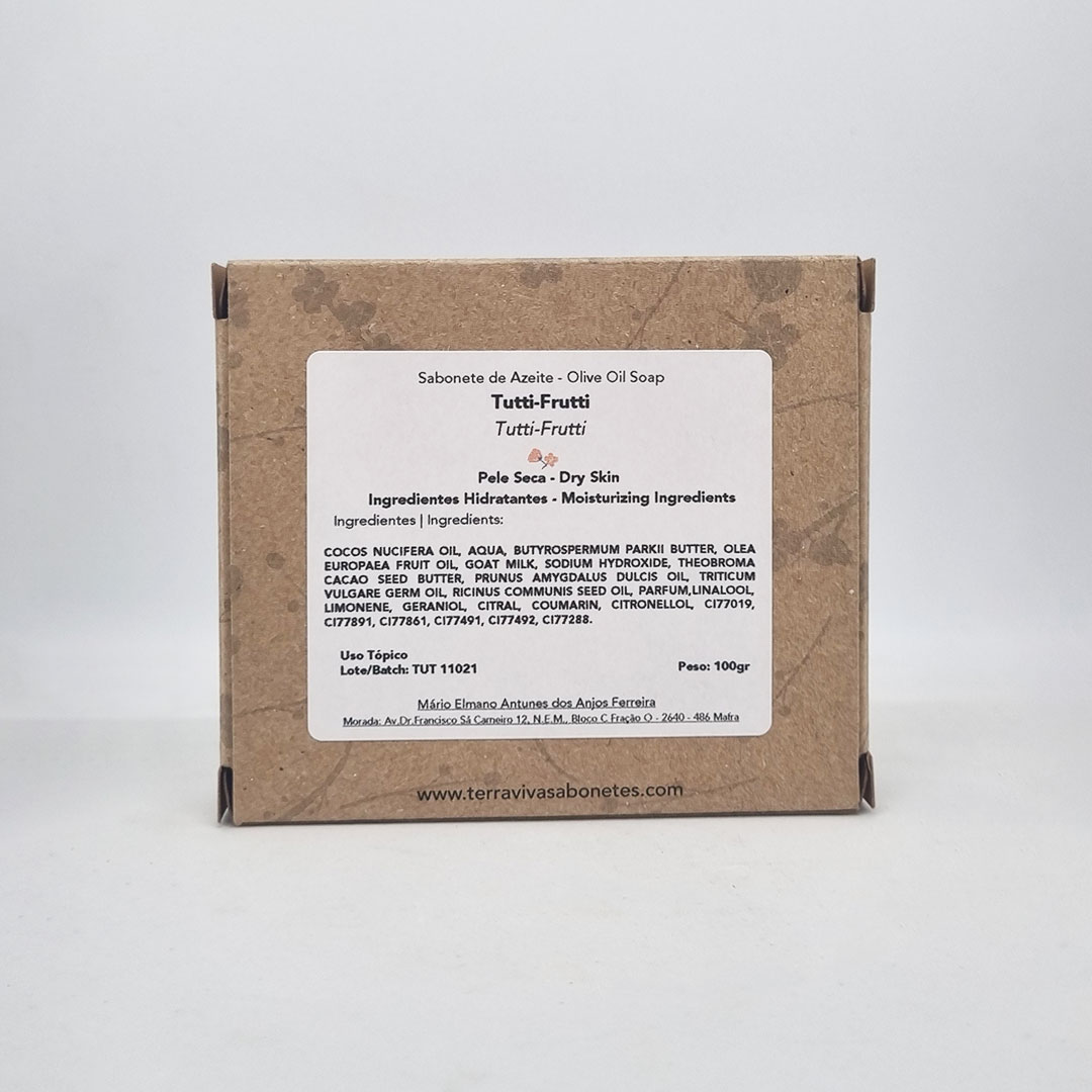 Sabonete Tutti Frutti Embalagem castanha de sabonete Tutti-Frutti com etiqueta branca e texto em português e inglês