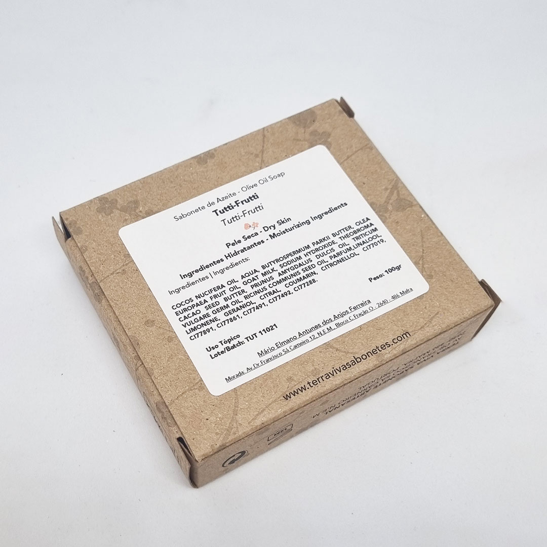 Sabonete Tutti Frutti Embalagem quadrada de cartão castanho claro com etiqueta branca e texto