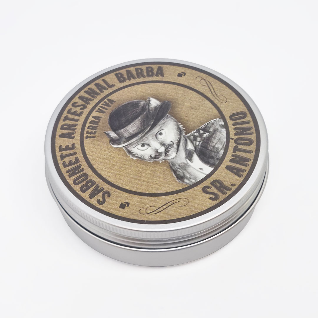 Sabonete Barba Sr. António Embalagem metálica redonda de sabonete artesanal para barba com ilustração de gato e texto