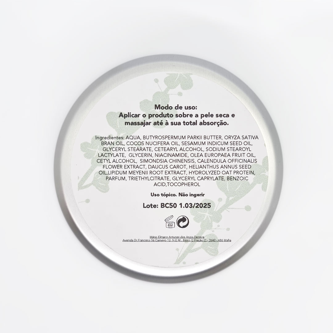 Body Cream Pele 50+ - 200ml Embalagem redonda branca com texto em português sobre uso e ingredientes de creme cosmético