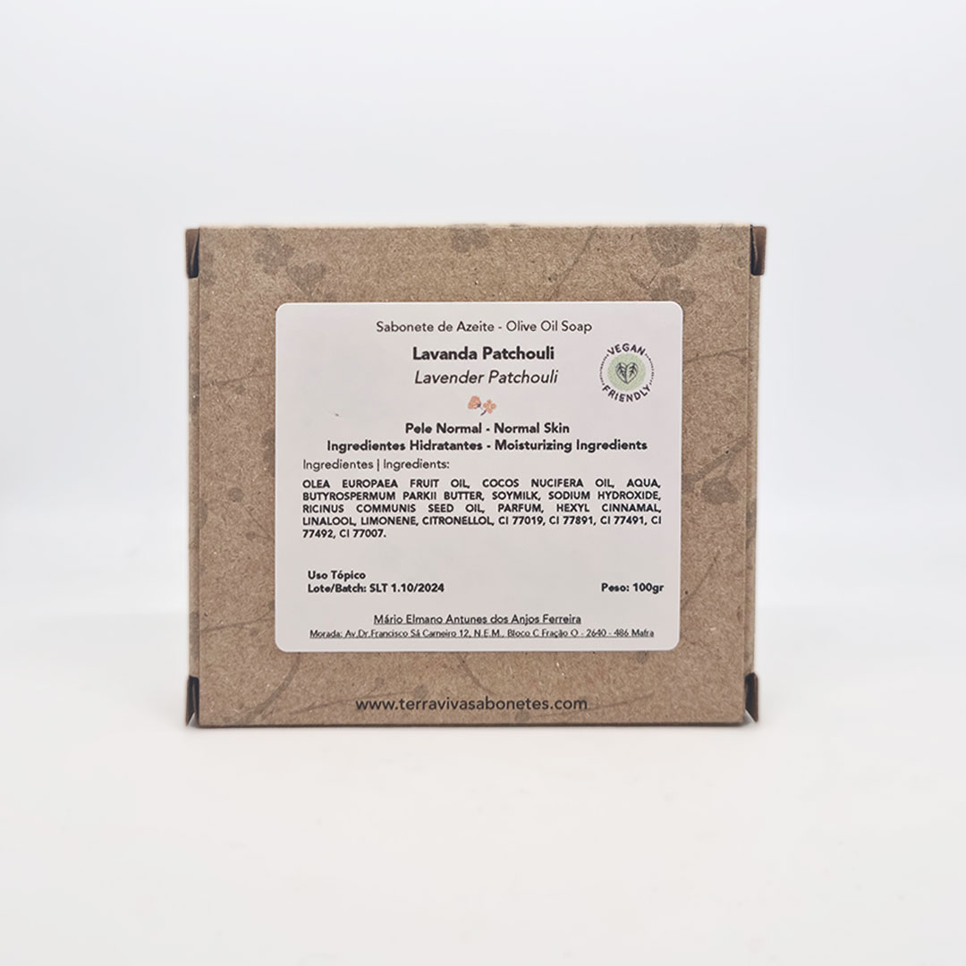 Sabonete Lavanda Patchouli Sabonete de azeite embalado em papel reciclado com etiqueta branca