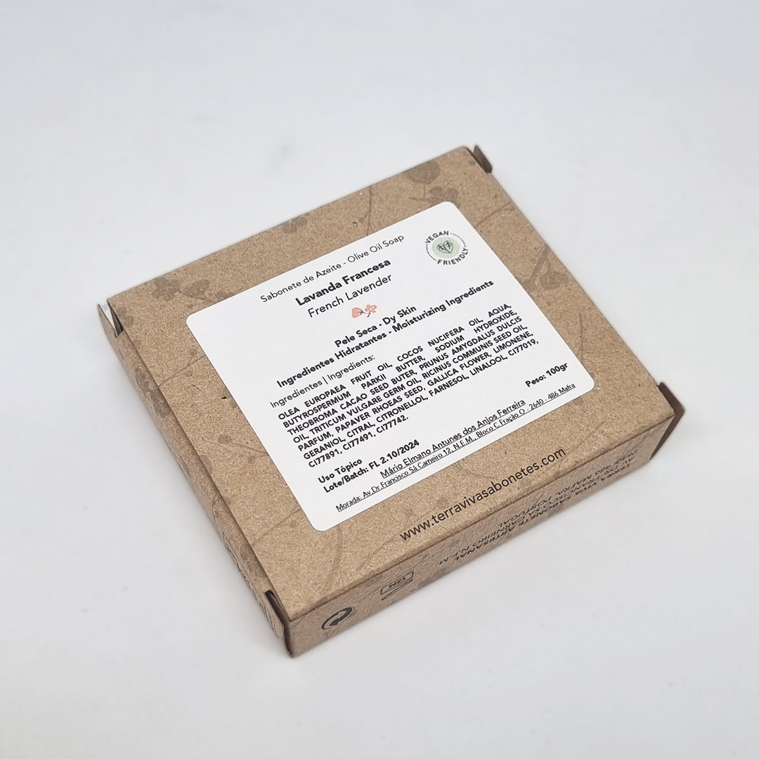 Sabonete Lavanda Francesa Caixa de sabonete de papel reciclado castanho com etiqueta branca e texto preto sobre fundo branco