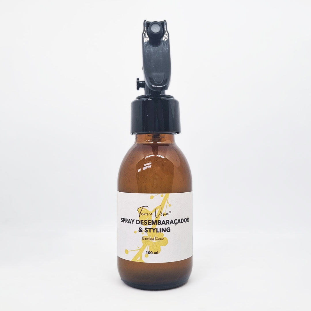 Spray Desembaraçador 100ml Frasco de spray desembaraçador e styling com tampa preta e rótulo branco amarelo