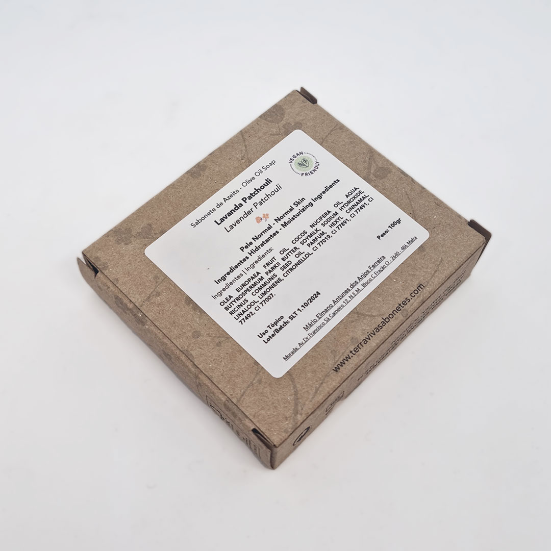 Sabonete Lavanda Patchouli Caixa de sabonete de papel kraft com etiqueta branca e texto em português