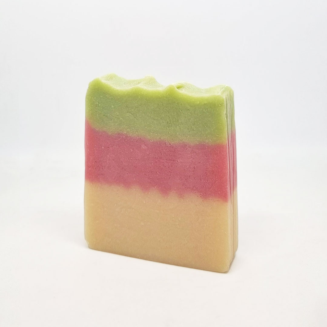 Sabonete Tutti Frutti Sabonete sólido tri colorido verde, rosa e bege, superfície ondulada