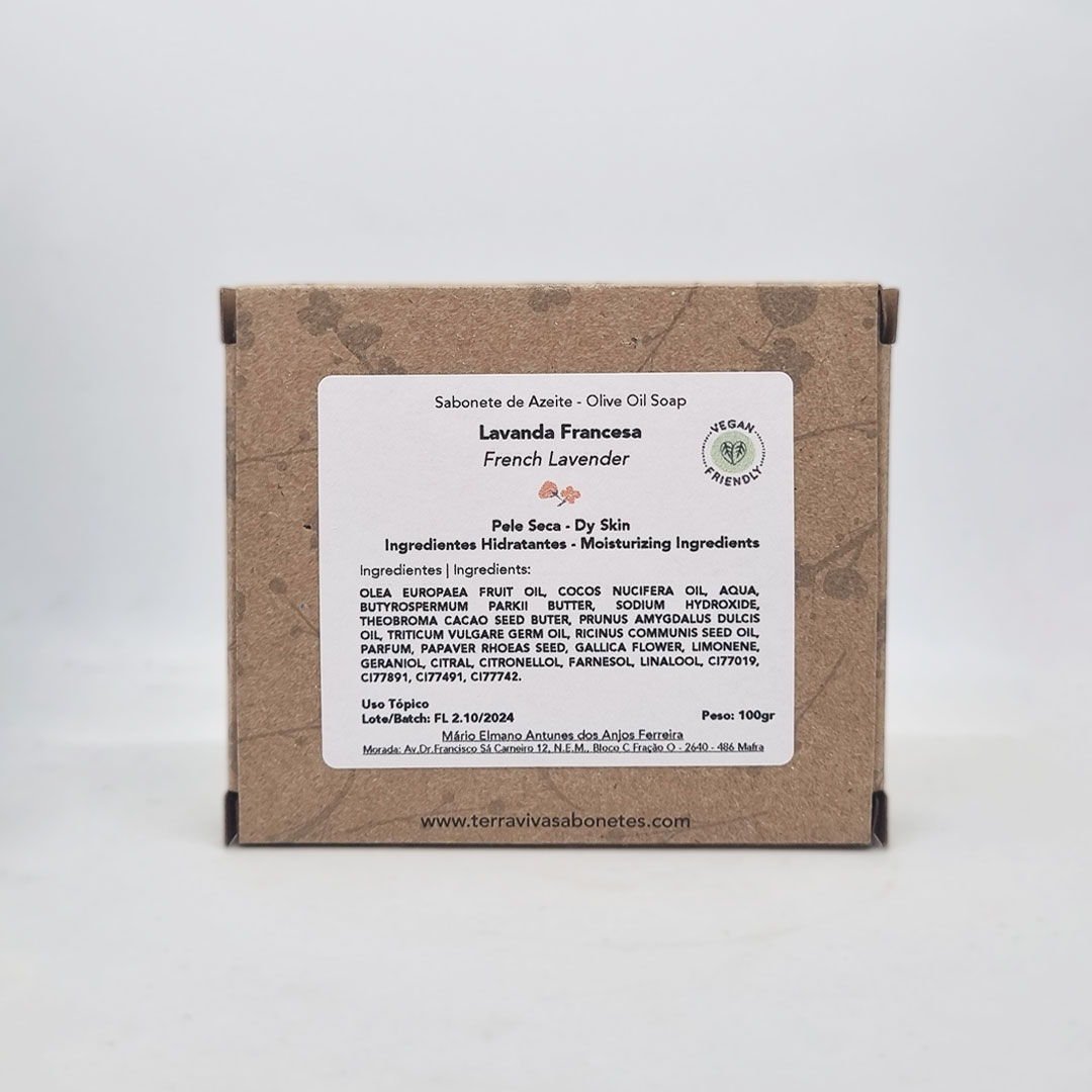 Sabonete Lavanda Francesa Sabonete de azeite com rótulo branco em embalagem de papel castanho