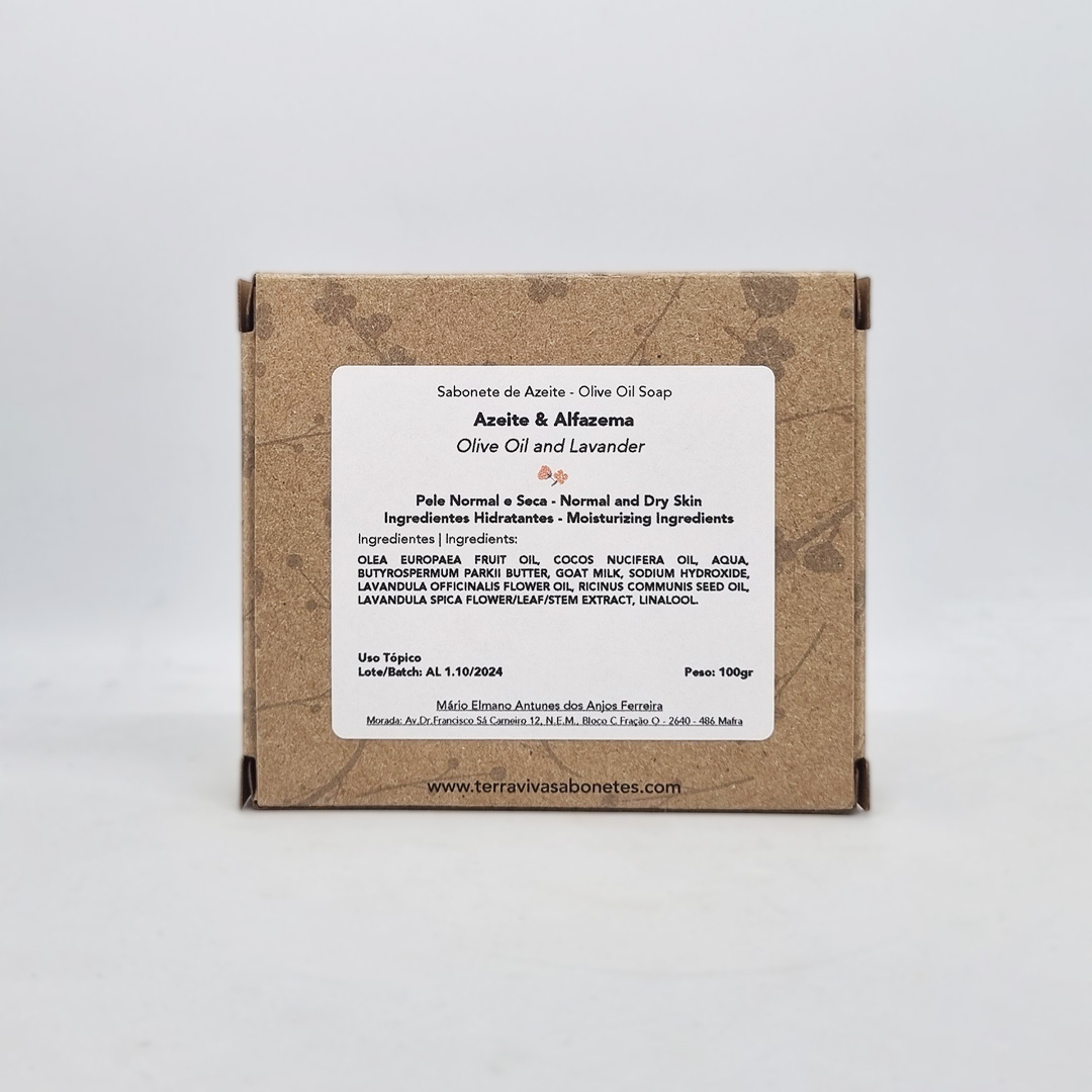 Sabonete de Azeite e Alfazema Embalagem de sabonete de azeite e alfazema com etiqueta informativa