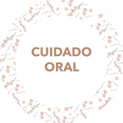 Texto CUIDADO ORAL no centro com círculo floral cor de rosa ao redor