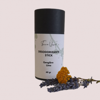 Desodorizante stick Terra Viva com flores secas em fundo rosa