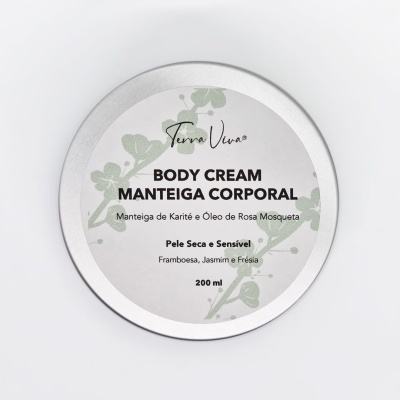 Creme corporal Terra Viva em embalagem redonda com rótulo branco e tampa prateada