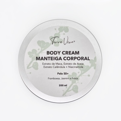 Frasco redondo prateado de creme corporal Terra Viva com etiqueta branca e texto em português.