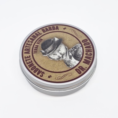 Lata metálica para sabonete artesanal de barba com desenho de gato e textos decorativos