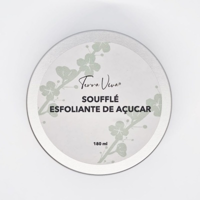 Pote redondo com etiqueta de esfoliante de açúcar Terra Viva