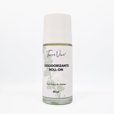Desodorizante roll-on Terra Viva em frasco de vidro com tampa branca