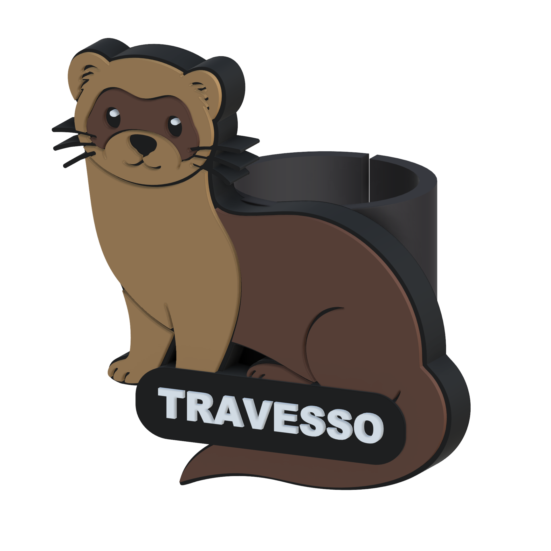 Furão - Personalizável Figura decorativa de lontra castanha e bege com placa preta escrita TRAVESSO