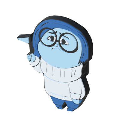 Personagem animada azul com camisola branca e óculos grandes