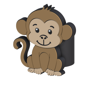 Macaco cartoon 3D castanho sentado com contornos pretos