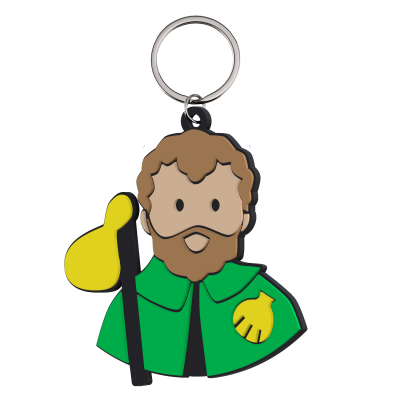 porta-chaves emborrachado com desenho de homem com capa verde e símbolo amarelho