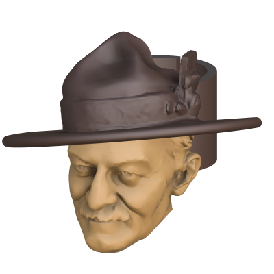 Cabeça masculina esculpida com chapéu castanho e pena