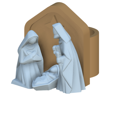 Figuras de presépio em branco com fundo castanho claro em forma de arco e estrela gravada