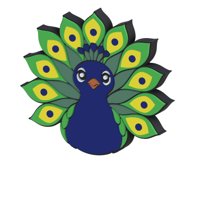 Figura decorativa de pavão estilizado com penas verdes e amarelas