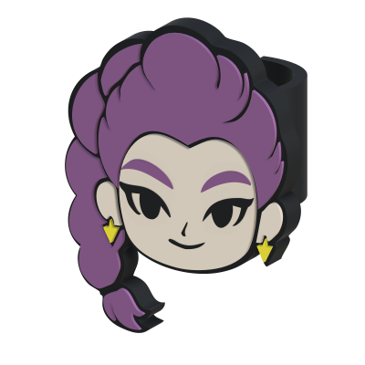 Anel cartoon de rosto feminino com cabelo roxo e brincos amarelos