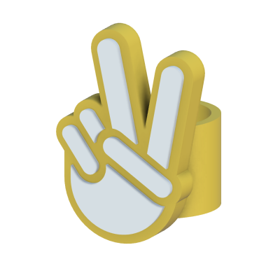 Anel amarelo e branco com sinal de vitória em forma de mão