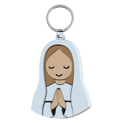 Porta-chaves com figura feminina em oração, vestindo manto azul claro
