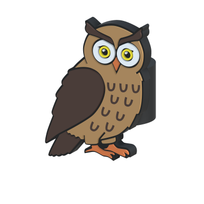 Figura de coruja castanha com olhos amarelos em fundo transparente