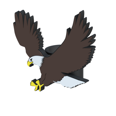 Suporte de parede em forma de águia em voo com cores castanho, branco e amarelo.