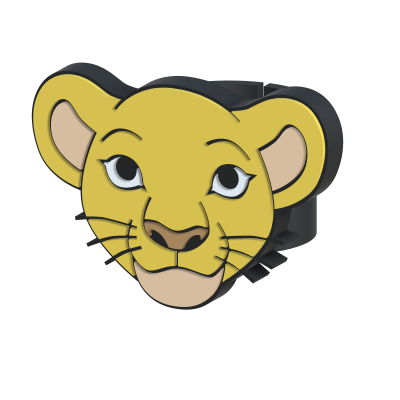 Cabeça de leão amarelo de plástico com olhos e bigodes pretos.