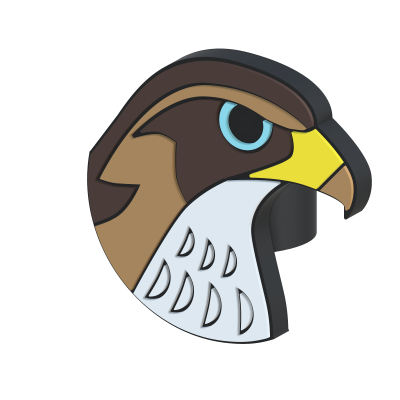 Símbolo estilizado de cabeça de falcão com várias cores e textura de relevo.