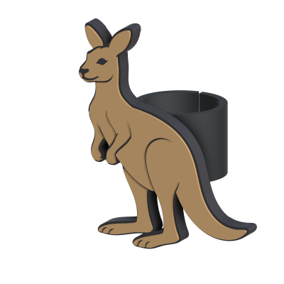 Suporte em forma de canguru castanho com detalhes pretos e corpo oco cilíndrico preto